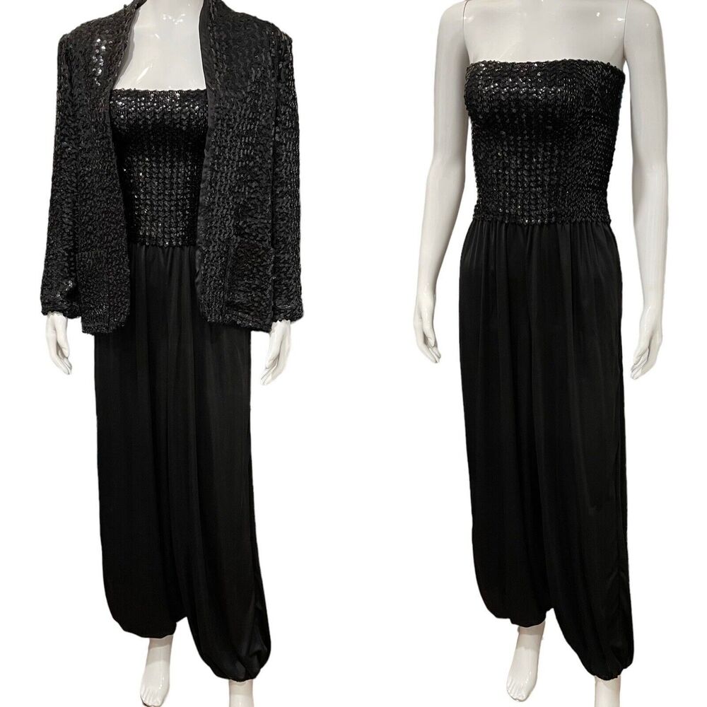 Vtg Miss H Hochberg Dorian Black Sequin Glam Formal Romper Jumpsuit Jacket Small